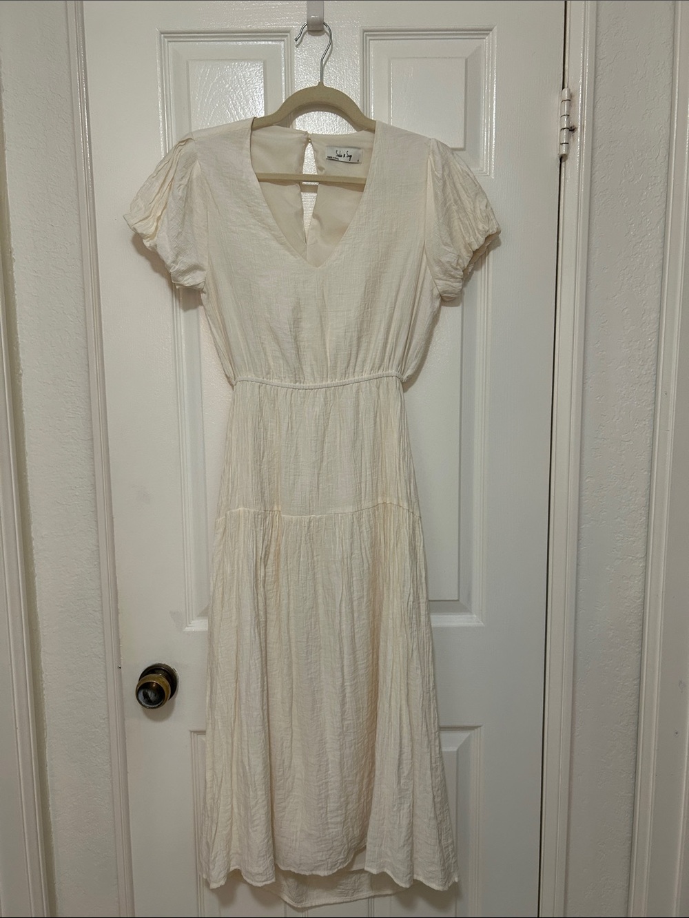 Cream Midi Dress with Puff Sleeves and Open Back